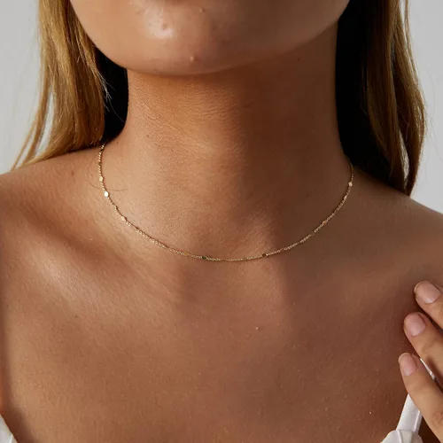 Vista 3 de Gargantilla chapada en oro de 14 quilates para mujer, delicada, cadena de monedas, gargantilla de iluminación simple, collares de espina de pescado