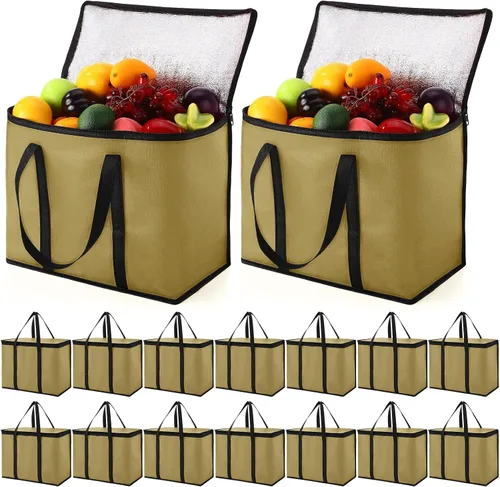 Vista 8 de Kenning 8 piezas de bolsas de compra grandes aisladas reutilizables con cremallera resistente y asas, bolsas de transporte enfriadoras plegables