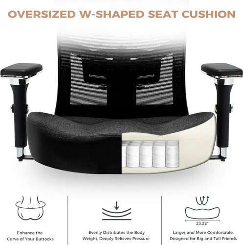 Vista 4 de Silla de oficina grande y alta de 600 libras con cojín de asiento grueso en forma de W, sillas de escritorio ergonómicas de malla para computadora