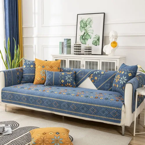 Vista 3 de Funda de sofá de chenilla para sofá modular, diseño geométrico bohemio y jacquard antideslizante, protector de muebles para niños, perros y Azul