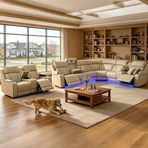 Vista 45 de Juego de sofá seccional reclinable de cuero, sofá seccional con 4 sillones reclinables Juegos de muebles de sala con 3 reclinables, luz LED