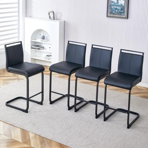 Vista 23 de gopop Juego de 2 taburetes de bar de altura de mostrador con respaldo, taburetes de cocina de cuero sintético negro con patas de metal recubierto