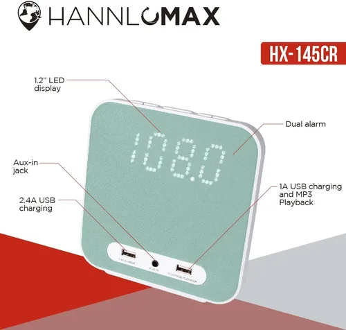 Vista 4 de HANNLOMAX Radio despertador HX-145CR, radio FM PLL, reloj digital con alarma dual, 2 puertos USB para carga de 2.4 A y 1 A, entrada auxiliar, solo