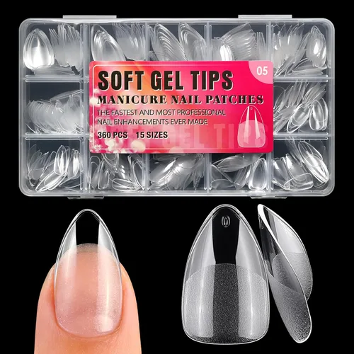 Vista 12 de 360 puntas de uñas cortas de almendra, puntas de uñas postizas cortas en forma de almendra, puntas de uñas acrílicas transparentes a presión, puntas