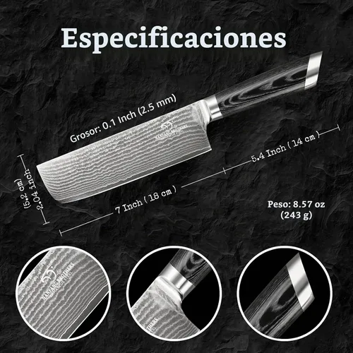 Vista 3 de NANFANG BROTHERS Cuchillo Damasco Nakiri, cuchillo de cocina profesional de 7 pulgadas con mango ergonómico de madera antideslizante, japonés