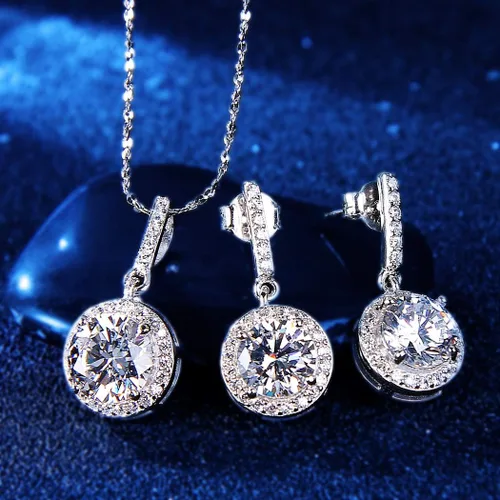 Vista 4 de EVER FAITH Juego de joyas de boda nupcial, plata de ley 925 con circonita cúbica blanca brillante, hipoalergénico, juego de collar y aretes