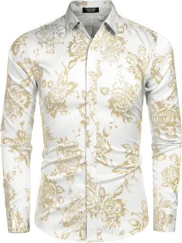 Vista 2 de COOFANDY Camisas de vestir de lujo para hombre con estampado de flores, camisa brillante con botones