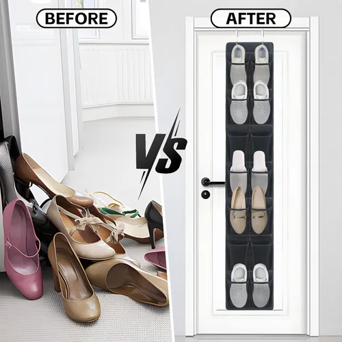 Vista 6 de PVWSG Organizador de zapatos sobre la puerta, 14 bolsillos grandes de malla para colgar zapatos para organizadores de clóset y almacenamiento, Negro