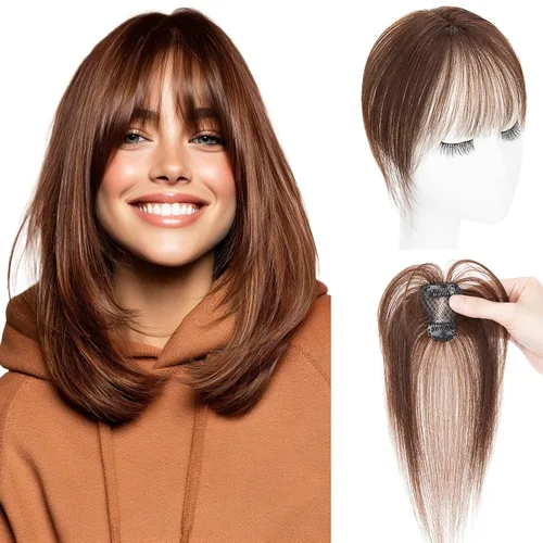 Vista 29 de MY-LADY Top Hairpieces para mujer con flequillo, base mono natural, 100% cabello humano real, clip en pieza de cabello lacio en medio para pérdida