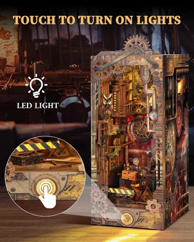 Vista 2 de RONSTONE - Kit de manualidades para rincón de lectura - Kit de casa de muñecas en miniatura 3D, rompecabezas de madera con luz LED - Modelo de kits