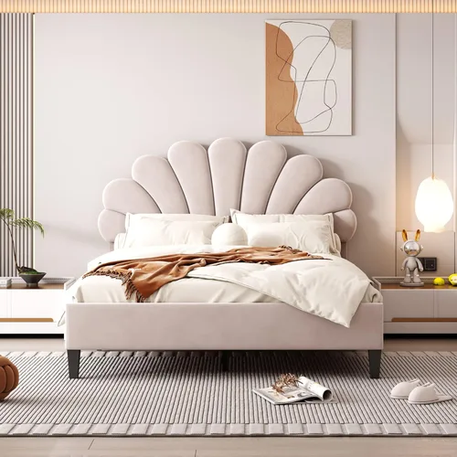 Vista 10 de DEINPPA Base de cama tapizada tamaño matrimonial con cabecera ajustable de flores elegantes, cama de plataforma de terciopelo con soporte
