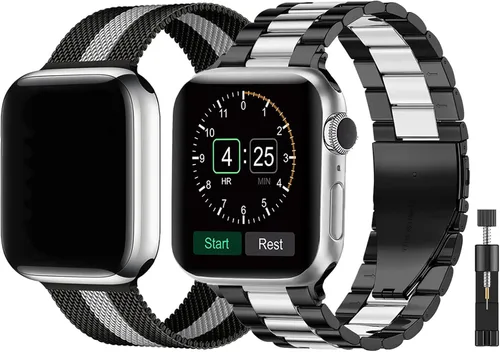 Vista 11 de Paquete de 2 correas de metal compatibles con Apple Watch Band 38/40/41/42/44/45/46/1.929 in, acero inoxidable y malla milanesa para iWatch Band