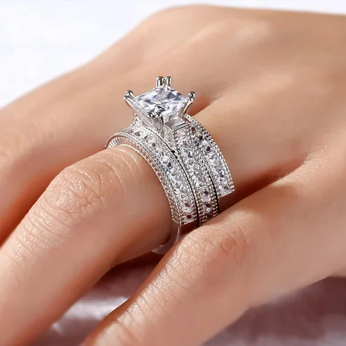 Vista 5 de Jeulia - Juego de 3 piezas de anillos de corte princesa juego nupcial de plata de ley con halo de diamantes, anillo de compromiso, anillo de boda