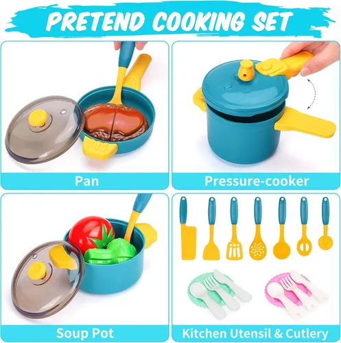Vista 2 de Juego de accesorios de cocina para niños, juego de juguetes de cocina para niños, juego de juguetes de cocina para niños pequeños, ollas y sartenes