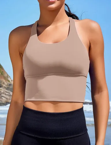 Vista 2 de Sujetadores deportivos para mujer, camisetas cortas de línea larga, camisetas sin mangas, camisola para gimnasio, yoga, entrenamiento, correr