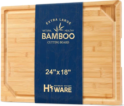 Vista 11 de HIWARE Juego de 4 Piezas de Tablas de Cortar Extra Grandes de Madera - Tablas de Cortar de Bambú para Preparación de Comidas y Servicio