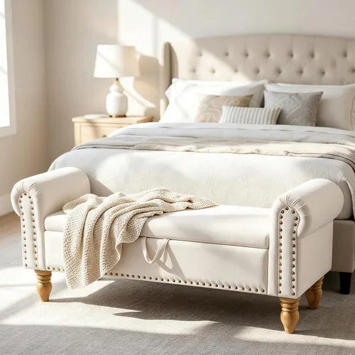 Vista 15 de Banco tapizado de pana de 55 pulgadas con brazos enrollados para dormitorio, color blanco