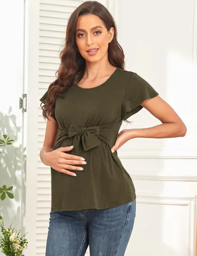 Vista 4 de Camisa de maternidad casual con volantes, manga corta, cuello redondo, para embarazo