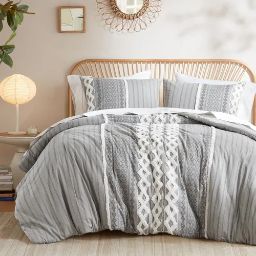 Vista 17 de INK+IVY Edredón para cama tamaño Queen, chenilla con mechones, juego de edredón de algodón transpirable Queen, edredón bohemio moderno para todas