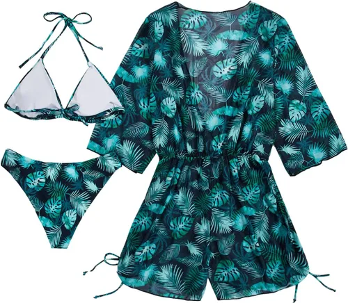 Vista 2 de SHENHE Traje de baño de 3 piezas para mujer con estampado de hojas, halter y cordón lateral, conjunto de bikini con salida de baño