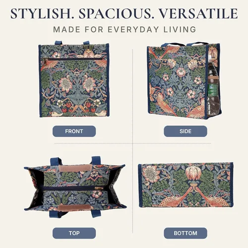 Vista 6 de Signare Bolso de compras floral con patrón de flores de jardín, azul, (Strawberry Thief Blue)