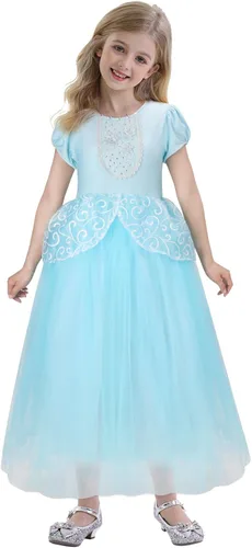 Vista 2 de Disfraz de princesa para niñas, color azul, manga abombada, cumpleaños, Halloween, cosplay, falda de baile