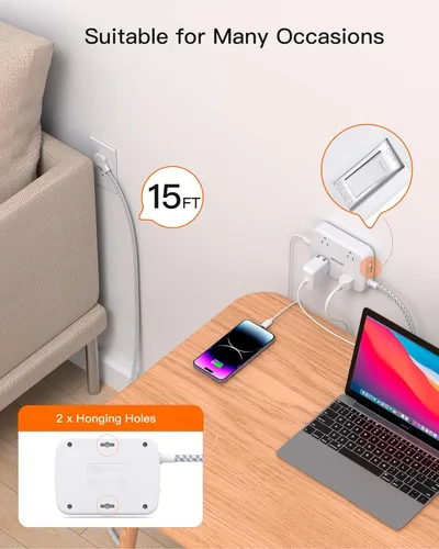 Vista 2 de Cable de Extensión 15 pies, BESHON - Regleta de Alimentación Larga con 2 USB C, Regleta de Alimentación de Enchufe Plano, 4 Salidas y 4 Puertos