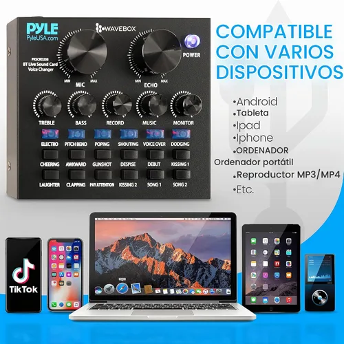 Vista 5 de Pyle PKSCRD208 - Mini interfaz de audio Bluetooth, mezclador de podcasts, transmisión en vivo para PC y iPhone, cambiador de voz V8 con 12 efectos