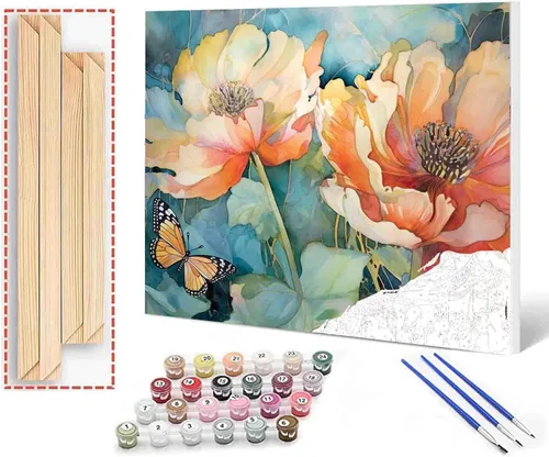 Vista 13 de Tucocoo Kits de pintura de paisaje de girasoles por números con pinceles y pigmento acrílico sobre lienzo para adultos, patrón de mariposas y flores