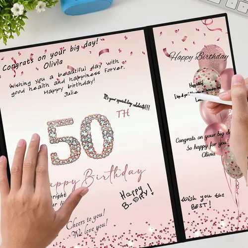 Vista 4 de DARUNAXY Decoraciones de fiesta de 50 cumpleaños en oro rosa para mujeres, libro de firmas alternativo de feliz 50 cumpleaños, tarjeta de firma