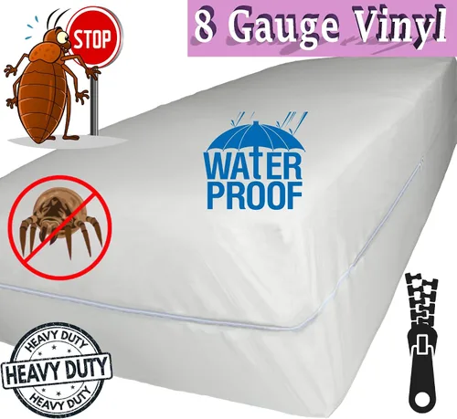 Vista 2 de Protector de colchón de vinilo de calibre 8 extra pesado superior con cremallera, 100% impermeable, tamaño individual, color blanco