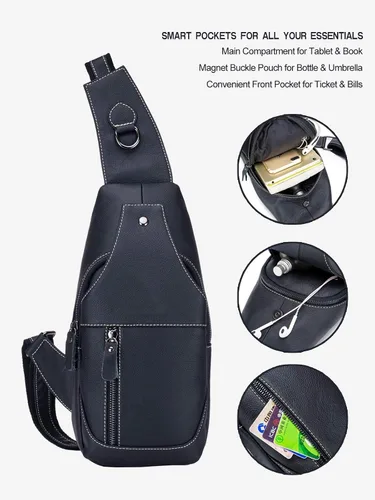 Vista 3 de Bolso bandolera pequeño de cuero para mujeres y hombres, bolsa cruzada, bolsa de pecho, mochila de viaje de hombro, resistente al agua, Negro