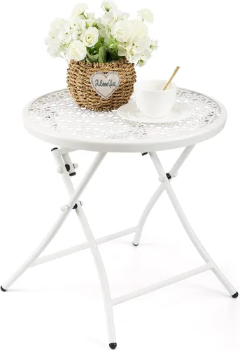 Vista 13 de Mesa auxiliar para exteriores, mesa auxiliar redonda plegable de metal, resistente a la intemperie, mesa decorativa de patio pequeño para porche