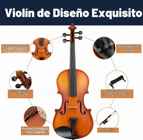 Vista 5 de Violín Mendini de madera sólida, libro de lecciones, cuerdas extra, sintonizador violín, arco y estuche
