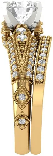 Vista 3 de Clara Pucci Anillo de compromiso de zafiro blanco con grabado personalizado de corte redondo de 2.10 quilates, conjunto nupcial de 14 quilates, oro
