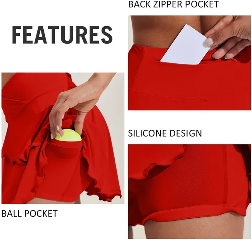 Vista 5 de COOrun Falda de tenis para mujer, falda pantalón de golf cruzada UPF 50+, falda atlética ligera con 3 bolsillos para entrenamiento de pickleball