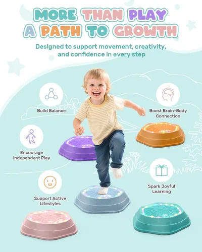 Vista 8 de Holyton Piedras iluminadas para niños, paquete de 5 juguetes de equilibrio sensorial musical con baterías recargables, piedras antideslizantes