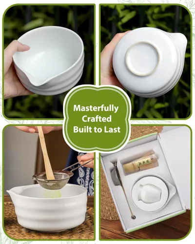 Vista 3 de Juego de batidor de matcha blanco – Juego de 5 piezas incluye chawan de 17 onzas con boquilla, batidor de bambú Chasen con soporte de cerámica