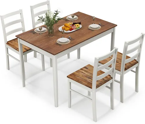 Vista 9 de Giantex Juego de comedor de 5 piezas para 4, mesa rectangular de madera maciza y 4 sillas con patas de madera de goma, juego de mesa de cocina
