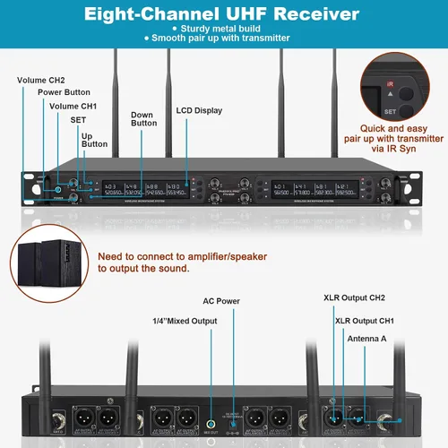 Vista 3 de Phenyx Pro Paquete de sistema de micrófono de mano inalámbrico UHF de 8 canales PTU-6000 con el estuche de transporte personalizable de tamaño extra