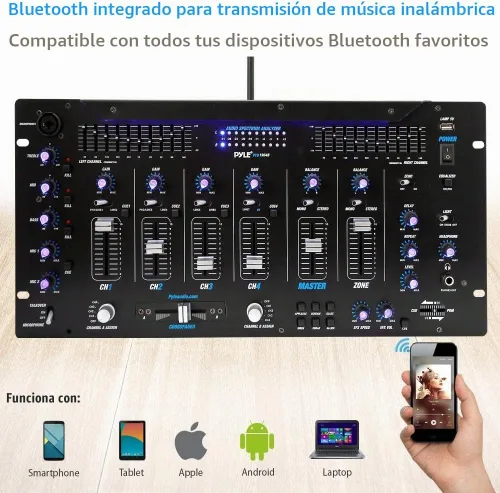 Vista 4 de Pyle Controlador DJ mezclador de 6 canales con Bluetooth, sistema de mezcla digital de sonido profesional con iluminación LED, controles