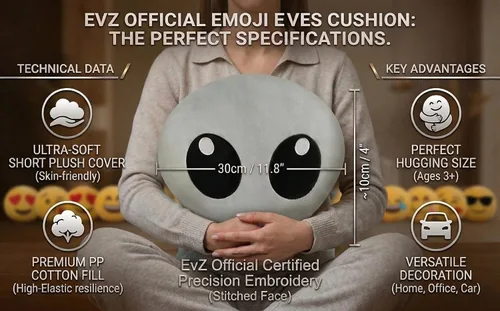 Vista 6 de Emoji Cara de Alienígena Cojín de Emoticón Relleno de Felpa Suave Almohada, Certificado Oficial, EvZ 31cm Gris