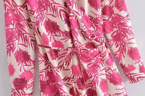 Vista 7 de Vestido midi de moda con cinturón y estampado floral para mujer, vestido vintage de manga larga, cuello de solapa