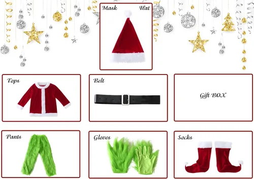 Vista 2 de Christmas Green Big Monster Costume -8pcs Furry Santa Costume Suit Furry Outfit Adult Men and Women