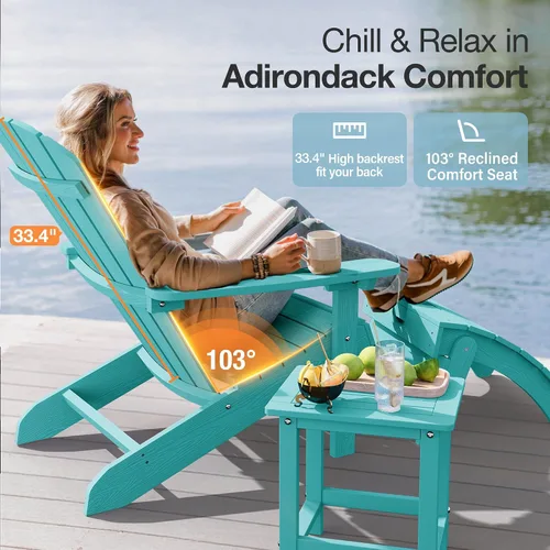Vista 4 de YEFU Silla Adirondack de plástico resistente a la intemperie, sillas de patio con instalación fácil en 5 pasos, se ve exactamente como madera real