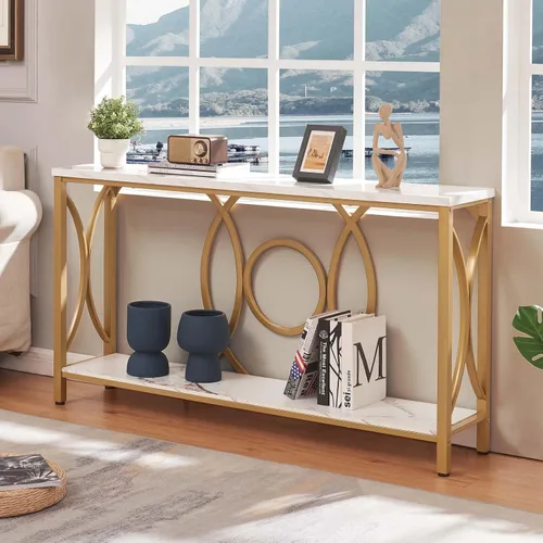 Vista 7 de HOMISSUE Mesa consola de sofá, moderna mesa consola dorada con mesa de mármol sintético, mesas de entrada de madera de ingeniería con almacenamiento