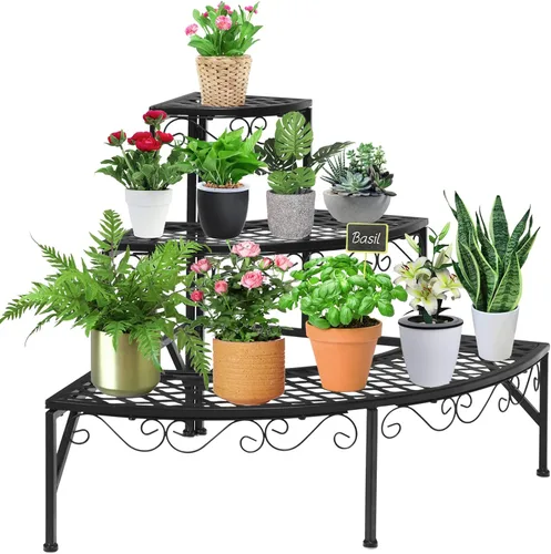 Vista 10 de Giantex Soporte de metal negro para plantas de 3 niveles, soportes de metal para plantas con 6-9 soportes de capacidad en maceta, estante