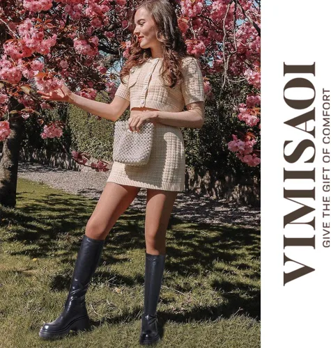 Vista 2 de VIMISAOI Botas de plataforma gruesa para mujer, con puntera redonda, góticas, hasta la rodilla, botas de media pantorrilla