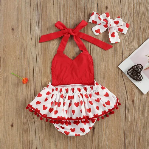 Vista 3 de Conjunto de ropa de 2 piezas para bebé recién nacida, para el día de San Valentín, manga con vuelo, estampado de corazón, tutú