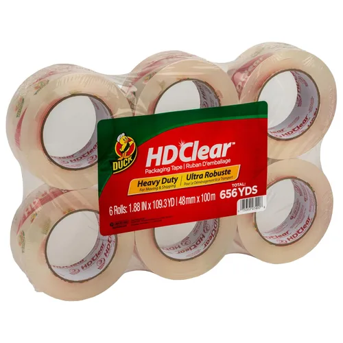 Vista 6 de Duck Cinta de embalaje transparente HD resistente, extra larga de 1.88 pulgadas x 109 yardas por rollo, núcleo de 3 pulgadas, 6 rollos (299016)